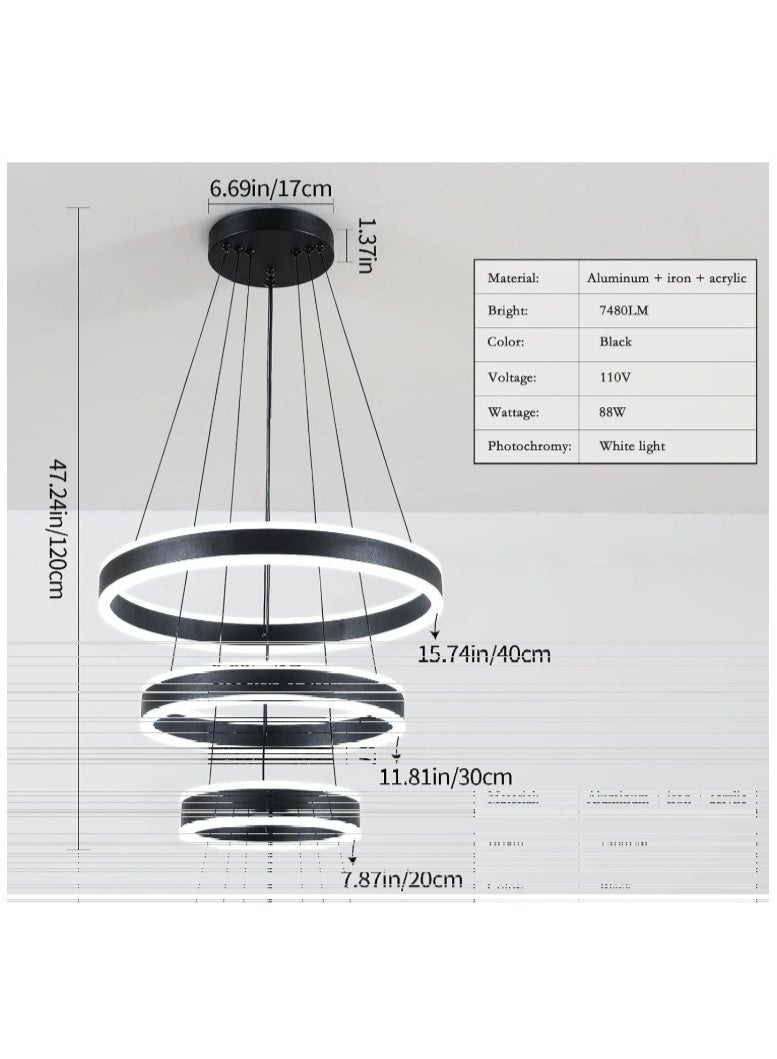 Modern LED Ring Chandelier – 3-Tier Adjustable Pendant Ceiling Light with Dimmable Halo Rings, Black Aluminum Frame for Dining Room, Living Room, Foyer, Bedroom, Staircase, and Contemporary Home Décor - Image 3