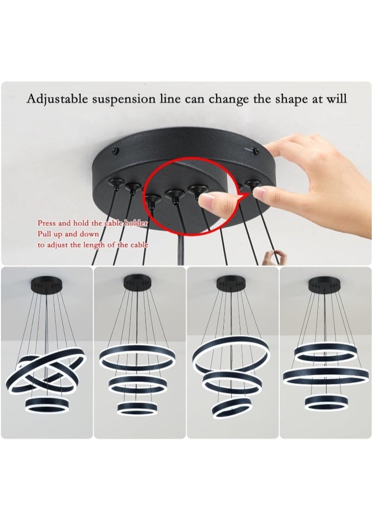 Modern LED Ring Chandelier – 3-Tier Adjustable Pendant Ceiling Light with Dimmable Halo Rings, Black Aluminum Frame for Dining Room, Living Room, Foyer, Bedroom, Staircase, and Contemporary Home Décor - Image 4