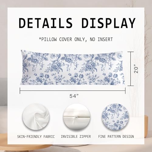 PIUD Vintage Blue Floral Chinoiserie 20x54 Body Pillow Cover, Grandmillennial Home Decor, Chinoiserie Decor, Blue and White Flower Grandmillennial Decorative Long Body Pillow Cases for Bed Couch - Image 2