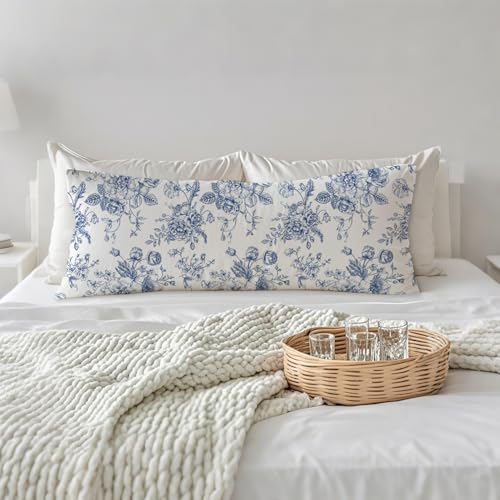 PIUD Vintage Blue Floral Chinoiserie 20x54 Body Pillow Cover, Grandmillennial Home Decor, Chinoiserie Decor, Blue and White Flower Grandmillennial Decorative Long Body Pillow Cases for Bed Couch - Image 3