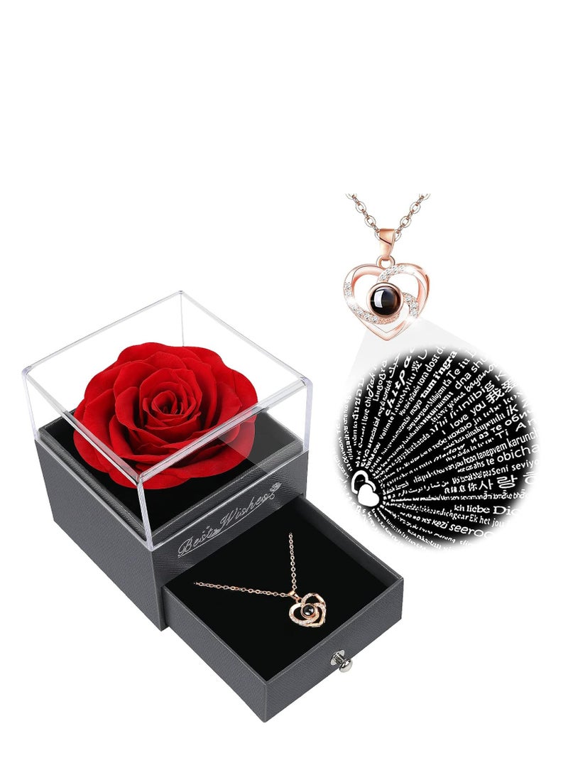 سيتا مجموعة هدايا قلادة على شكل قلب ووردة حمراء محفوظة من CITTA لها - وردة حقيقية أبدية مع قلادة حب بـ 100 لغة - مثالية لعيد الحب، وعيد الأم، وأعياد الميلاد، والنساء، والزوجة، والأم، والجدة - Image 1