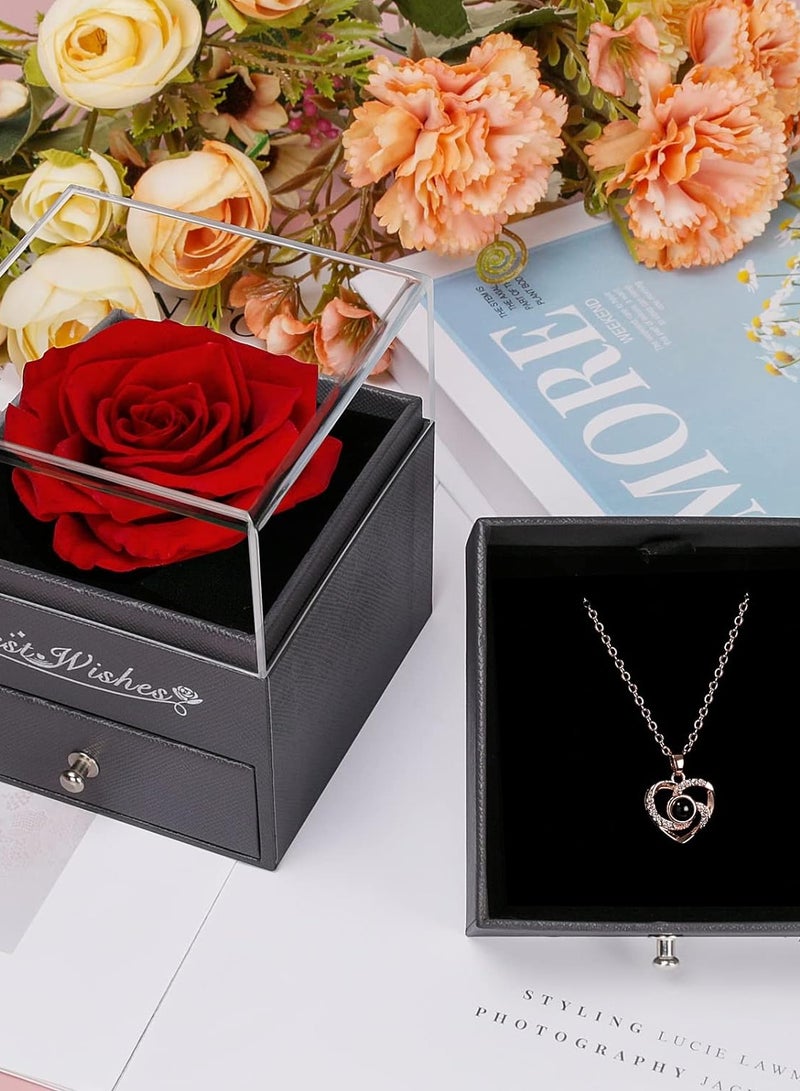 سيتا مجموعة هدايا قلادة على شكل قلب ووردة حمراء محفوظة من CITTA لها - وردة حقيقية أبدية مع قلادة حب بـ 100 لغة - مثالية لعيد الحب، وعيد الأم، وأعياد الميلاد، والنساء، والزوجة، والأم، والجدة - Image 4