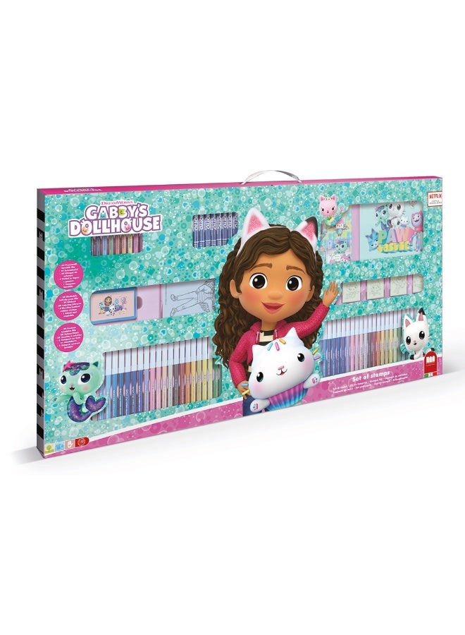 MULTIPRINT Gabby’s Dollhouse Mega Maxi Art & Craft Set – 60 Washable Markers, 10 Pencil Crayons, 10 Wax Crayons, 6 Wooden Stamps with Ink Pad, Coloring Book, Notebook & 30 Stickers – Kids Creative Stationery Kit - Image 3