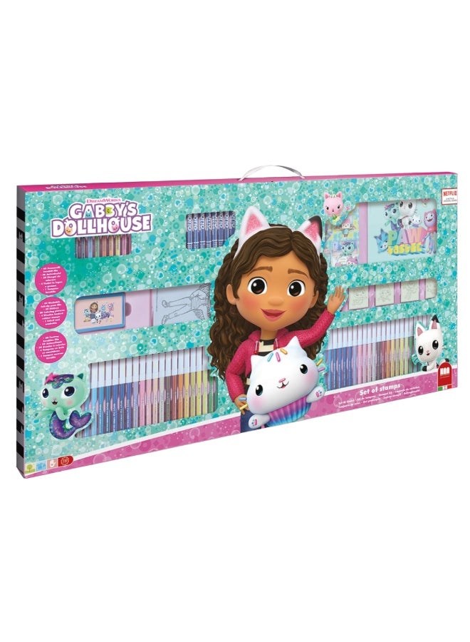MULTIPRINT Gabby’s Dollhouse Mega Maxi Art & Craft Set – 60 Washable Markers, 10 Pencil Crayons, 10 Wax Crayons, 6 Wooden Stamps with Ink Pad, Coloring Book, Notebook & 30 Stickers – Kids Creative Stationery Kit - Image 1