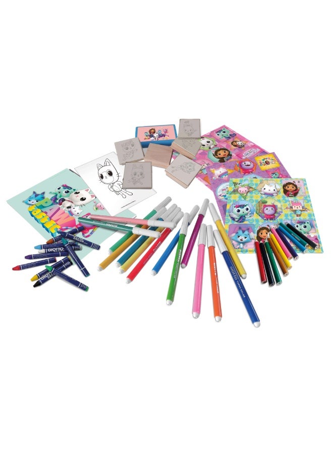 MULTIPRINT Gabby’s Dollhouse Mega Maxi Art & Craft Set – 60 Washable Markers, 10 Pencil Crayons, 10 Wax Crayons, 6 Wooden Stamps with Ink Pad, Coloring Book, Notebook & 30 Stickers – Kids Creative Stationery Kit - Image 2