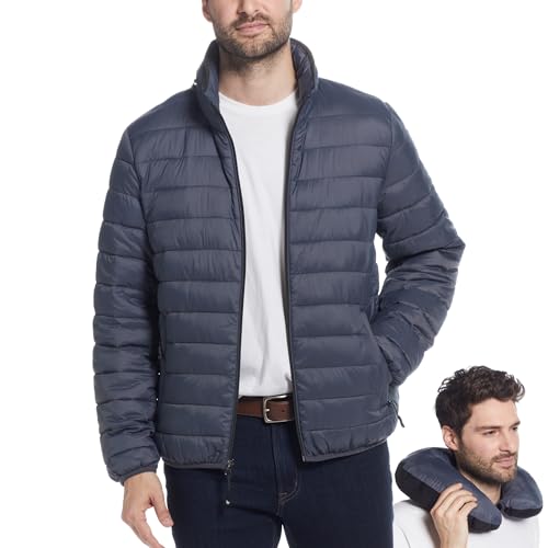 Weatherproof Men's Puffer Jacket, Lightweight Alternative Down Jacket with Packable Travel Neck Pillow, Travel-Ready Winter Jackets for Men, Water & Wind Resistant, Charcoal, X-Large - Image 1
