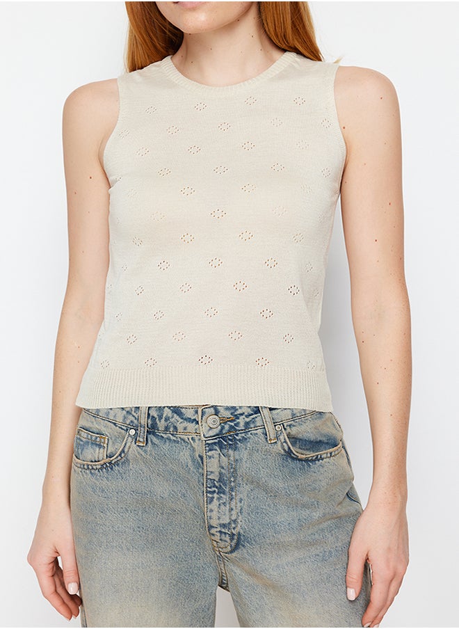 trendyol Stone Premium Yarn/Special Yarn Crop Crew Neck Knitwear Blouse TWOSS24BZ00372  - Image 4
