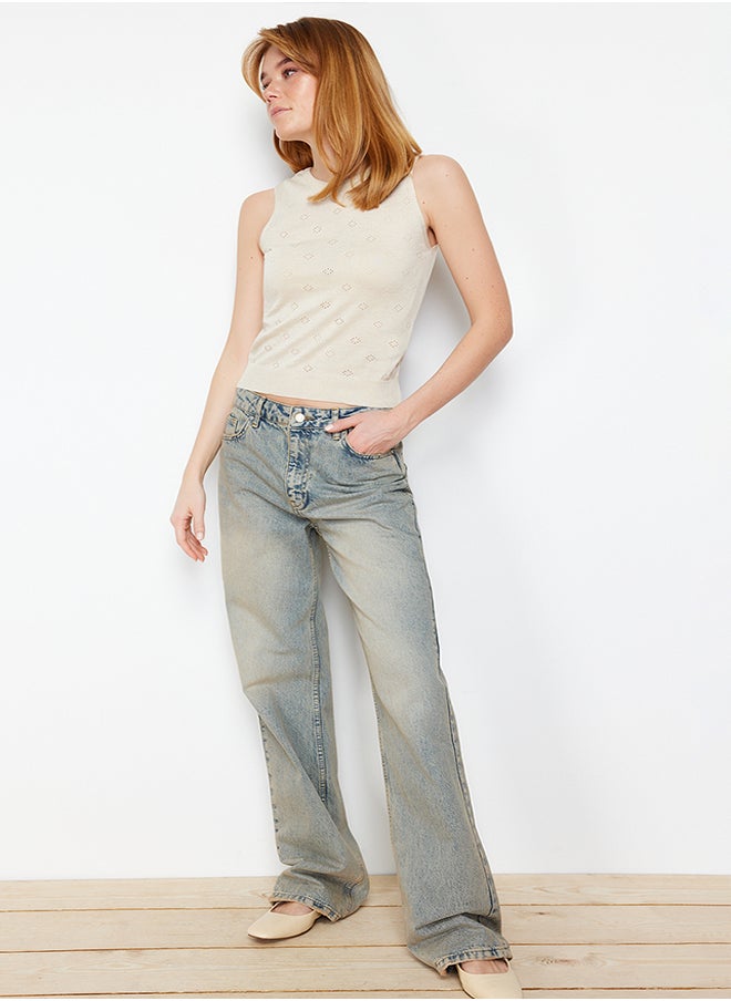 trendyol Stone Premium Yarn/Special Yarn Crop Crew Neck Knitwear Blouse TWOSS24BZ00372  - Image 2
