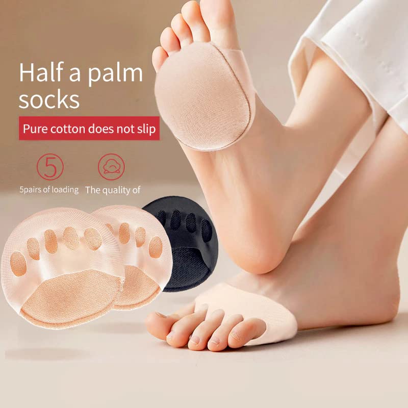Bennort Forefoot Pads for Women High Heels, 2 Pairs Non-Slip Toe Socks Reusable Ball of Foot Cushions Honeycomb Fabric Metatarsal Pads Invisible Forefoot Socks, Black and Beige - Image 2