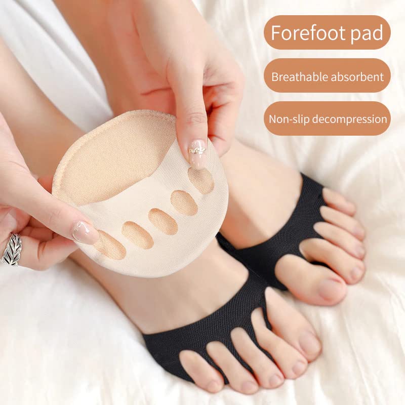 Bennort Forefoot Pads for Women High Heels, 2 Pairs Non-Slip Toe Socks Reusable Ball of Foot Cushions Honeycomb Fabric Metatarsal Pads Invisible Forefoot Socks, Black and Beige - Image 3