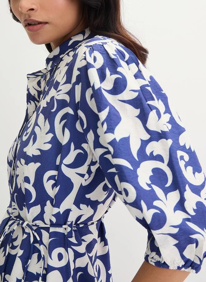 Femmella Blue Abstract Printed Waist Tie Midi Dress