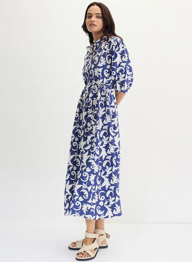 Femmella Blue Abstract Printed Waist Tie Midi Dress