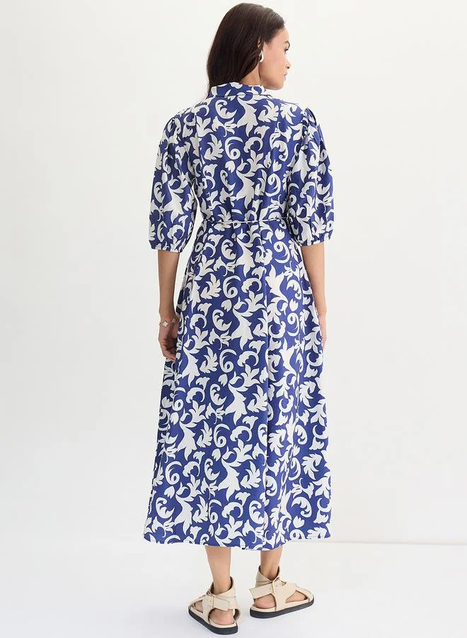 Femmella Blue Abstract Printed Waist Tie Midi Dress