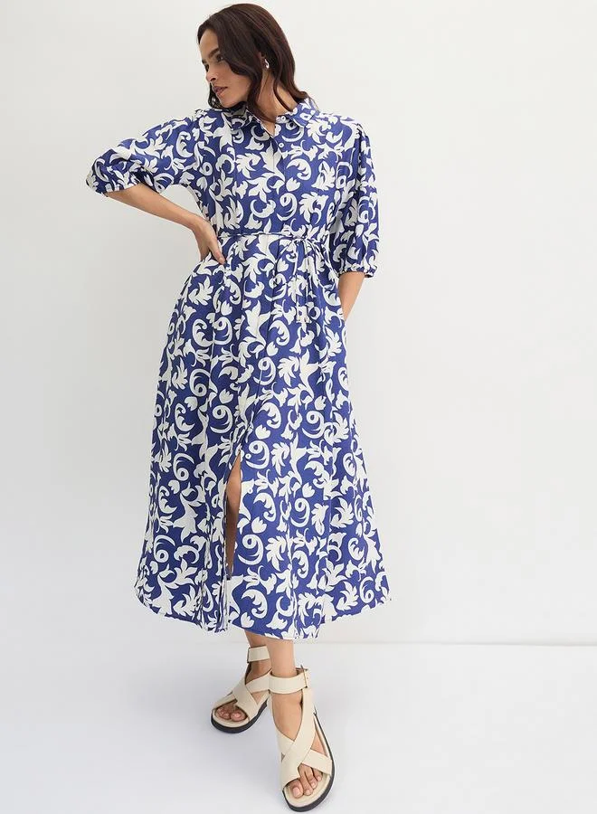 Femmella Blue Abstract Printed Waist Tie Midi Dress