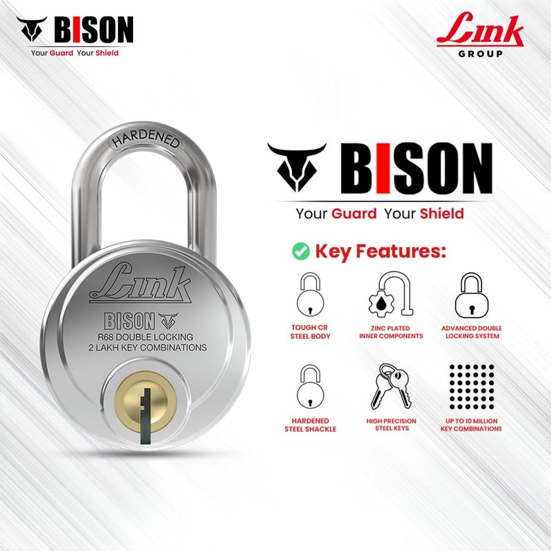 Link Bison 68mm Heavy Duty Padlock | Lock for Home Door, Office, Shop, Travel | Hardened Steel Shackle, | Double Locking System | High Precision 4 Keys | 2 Lakh Key Combinations | 10 Years Warranty - Image 3