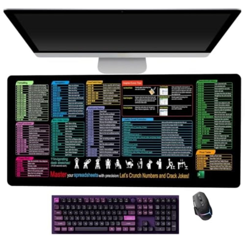 لوحة ماوس Excel Shortcuts ممتدة مقاس XL مع أكثر من 200 اختصار مكتب للعمل والألعاب والمنزل 80 سم × 30 سم 25 - Image 1