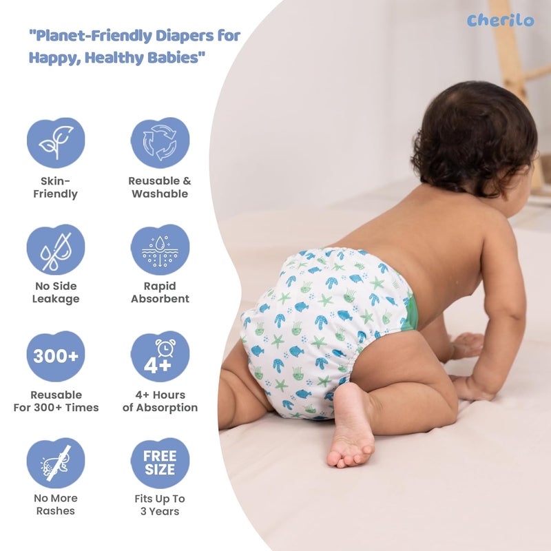 Cherilo حفاضة قماش قابلة لإعادة الاستخدام من شيريلو للمواليد الجدد من 0 إلى 3 سنوات، مانعة للتسرب، حفاضات قماش قابلة للغسل، بدون تسرب جانبي، حفاضة جيب بحجم قابل للتعديل (1 حفاضة بنمط عالم البحار + 1 إدخال) - Image 3