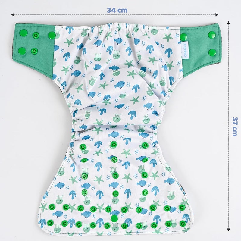 Cherilo حفاضة قماش قابلة لإعادة الاستخدام من شيريلو للمواليد الجدد من 0 إلى 3 سنوات، مانعة للتسرب، حفاضات قماش قابلة للغسل، بدون تسرب جانبي، حفاضة جيب بحجم قابل للتعديل (1 حفاضة بنمط عالم البحار + 1 إدخال) - Image 2