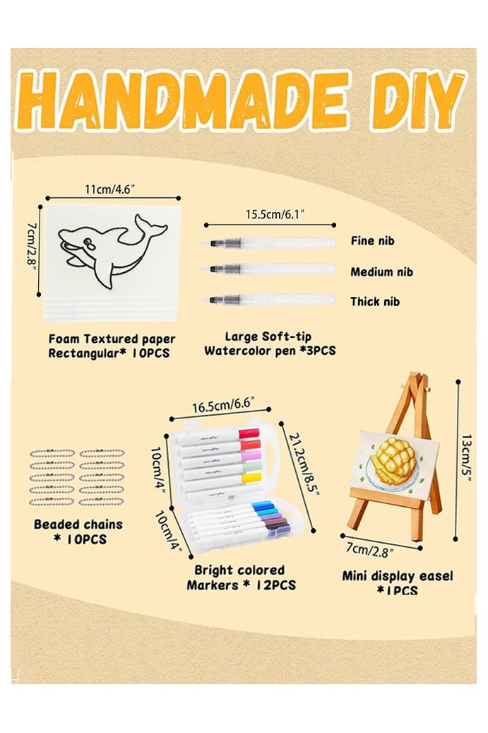 Magic Foam Texture Painting Kit, Magical 3D Effect Texture Painting Kit, Including 10 PCS Foam Texture Paper, 12 Colors Brush Tip Acrylic Paint Markers, Fountain Pen(L,M,S), 10 Bead Chains, Mini Easel - Image 2