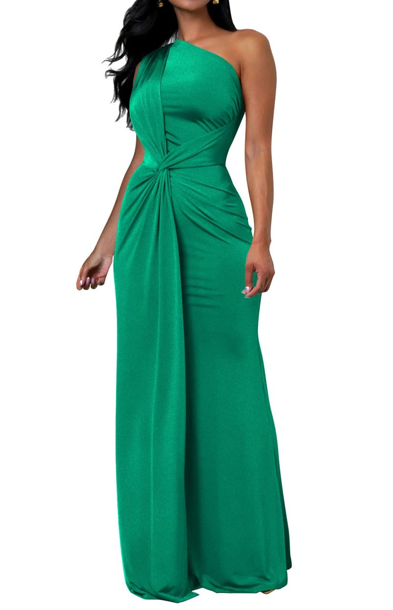 Memoriesea Women's Elegant Sleeveless One Shoulder Bodycon Evening Cocktail Maxi Dress Green - Image 1