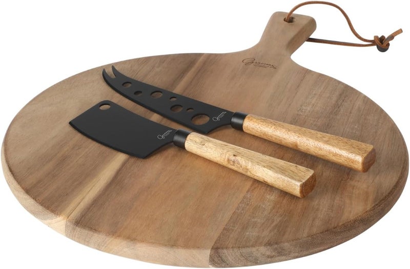 Gibson Home لوحة تقديم شهيات غيبسون هوم جراسياس داينينغ 3 قطع مع سكاكين جبن من الفولاذ المقاوم للصدأ ولوحة خشب الأكاسيا الدائرية - Image 1