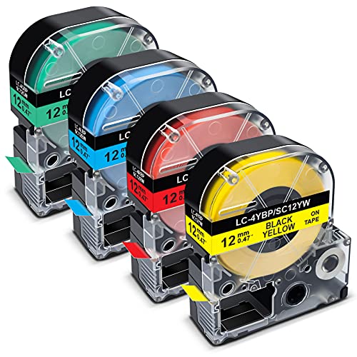 Pristar Compatible Label Tape Replacement for Epson 12mm 1/2" Color Tapes LK-4RBP LK-4YBP LK-4LBP LK-4GBP Work with Epson LabelWorks LW300 LW400 LW600P LW700, Black on Red/Yellow/Blue/Green, 4 Pack - Image 1