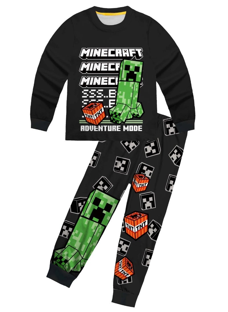 Minecraft Print Pajama Set Long Sleeve Top and Long Pants Sleepwear Soft Casual Loungewear Multiple Sizes Available for Fans - Image 1