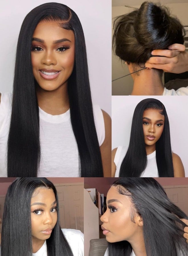 Nadula Bye Bye Knots Yaki Straight Glueless Wig Human Hair with Elastic Drawstring Pre Cut 7x5 Invisible Knots HD Lace Front Put on and Go Wigs Pre Everything Glueless Light Kinky Staight Wigs 16inch - Image 2