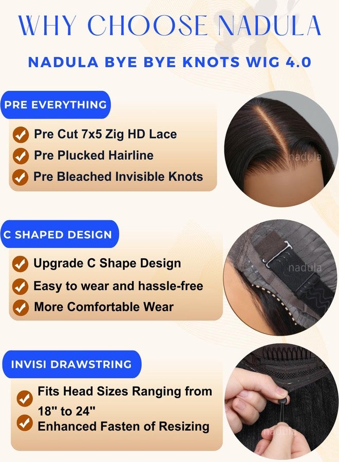 Nadula Bye Bye Knots Yaki Straight Glueless Wig Human Hair with Elastic Drawstring Pre Cut 7x5 Invisible Knots HD Lace Front Put on and Go Wigs Pre Everything Glueless Light Kinky Staight Wigs 16inch - Image 4