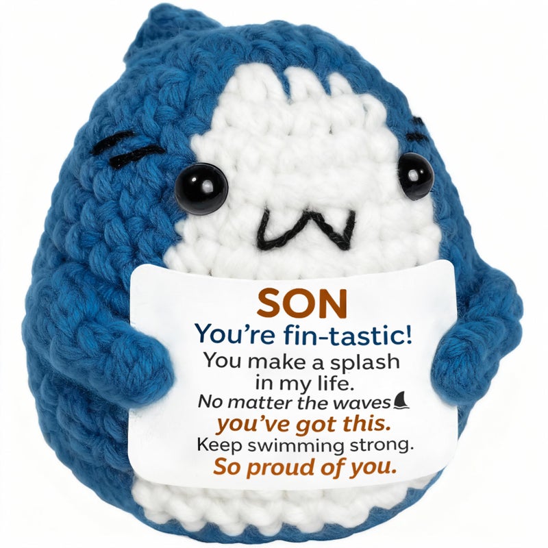 Krinisou Shark Gifts for Son from Mom Dad, I Love You Son Birthday Gifts Presents, Shark Crochet Animals with Insparentional Engagement Messages - Image 1