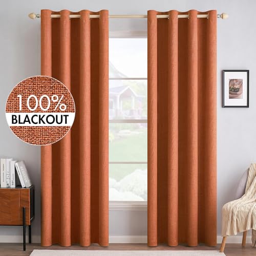 MIULEE 100 Blackout Linen Curtains for Bedroom Thermal Insulated Orange Grommet Room Darkening Curtains Drapes Fall Decor for Living Room Nursery 52 x 84 Inch 2 Panels