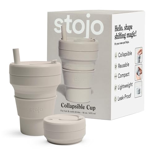 Stojo STOJO Collapsible Travel Cup  Reusable ToGo Pocket Size Silicone Bottle for Hot and Cold Drinks  Perfect for Camping  Microwave  Dishwasher Safe Oat 16 Ounce Pack of 1 