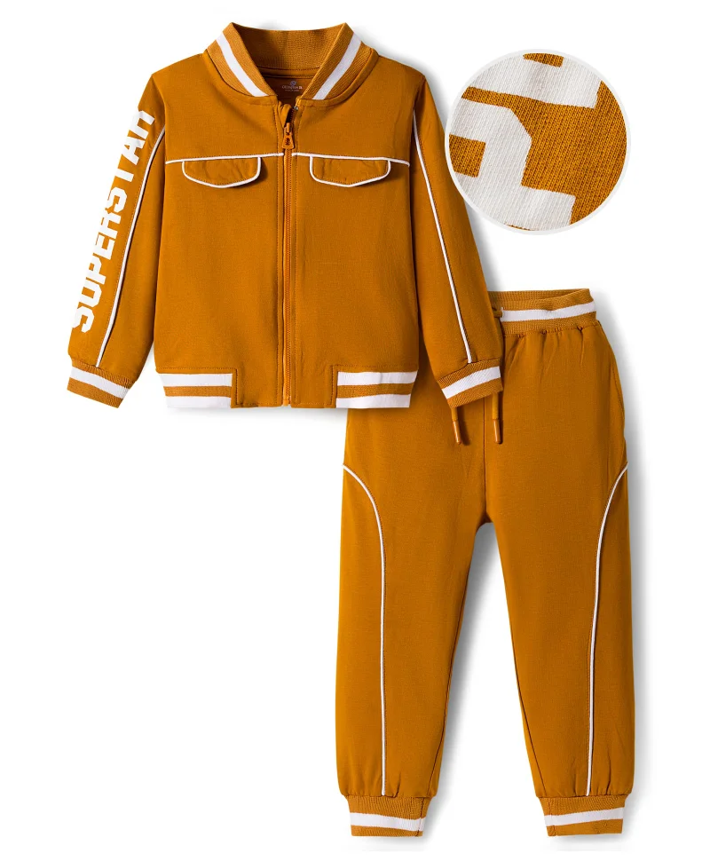 Ollington St. Ollington St. 100% Cotton Full Sleeves Bomber Jacket and Joggers Set with Text Print - Mustard