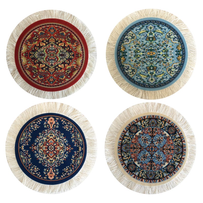 Inusitus Carpet Coasters, Set of 4 Turkish Rug Style Table Drink mats, Absorbent Kitchen and Dining Accessories, Spill & drip Protection, Round - Image 1