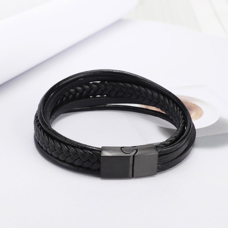 murtoo Mens Leather Bracelet with Magnetic Clasp Cowhide Multi-Layer Braided Leather Mens Bracelet (Black, 7.0") - Image 5