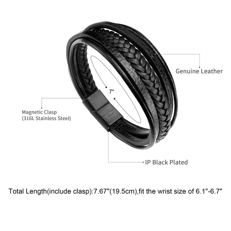 murtoo Mens Leather Bracelet with Magnetic Clasp Cowhide Multi-Layer Braided Leather Mens Bracelet (Black, 7.0") - Image 2