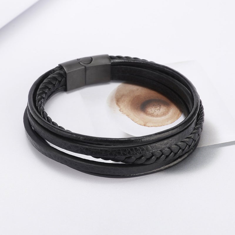 murtoo Mens Leather Bracelet with Magnetic Clasp Cowhide Multi-Layer Braided Leather Mens Bracelet (Black, 7.0") - Image 4