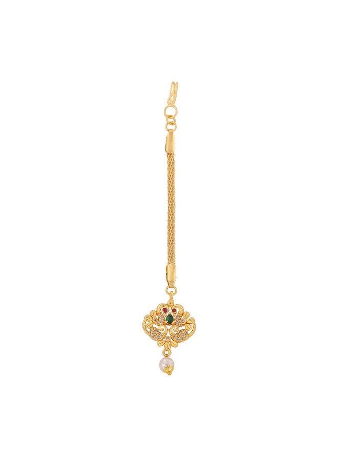 Estele CZ Entwined Peacock Designer Maang Tikka with Pearls for Girls & Women's - Image 1