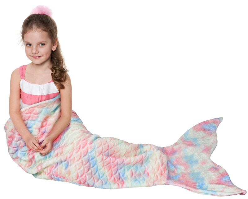 Catalonia Kids Mermaid Tail Blanket Super Soft Plush Flannel Sleeping Snuggle Blanket for Girls Cotton Candy Fish Scale Pattern Mermaid Gift for Girls
