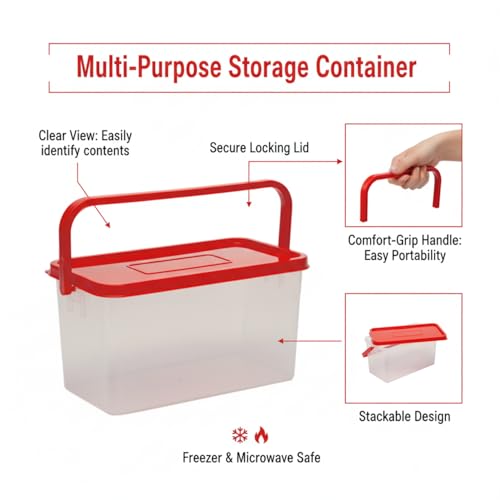 Gluman Polypropylene Pick N Carry Multipurpose Storage Box With Lid (3.3 Litre) | 100% Food Grade | Dishwasher Safe | Freezer Safe | Recyclable (Red)(Pack of 2) - Image 3