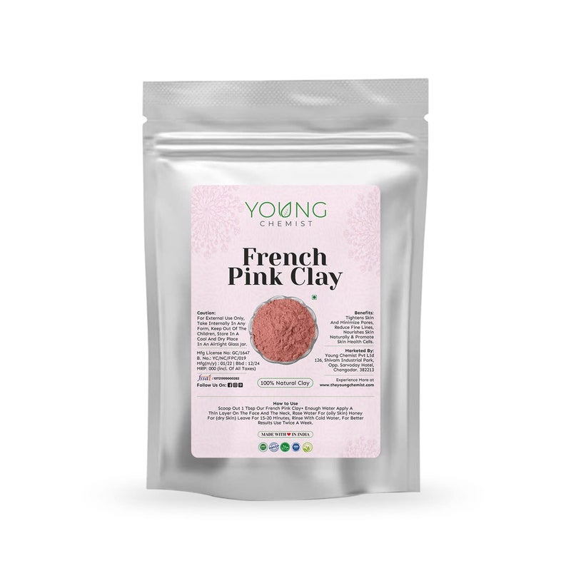 Young Chemists French Pink ClaySkin cleanserRaw Vegan and Organic with AntiAging PropertiesParaben freeGood for Body Face and Hair all Skin Type Powder Form Pink 1 kg - Image 1