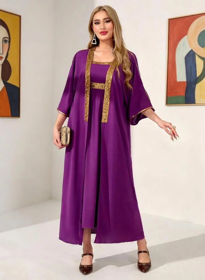 Take Two Solid Taping Trim Abaya and Dress Modest Set