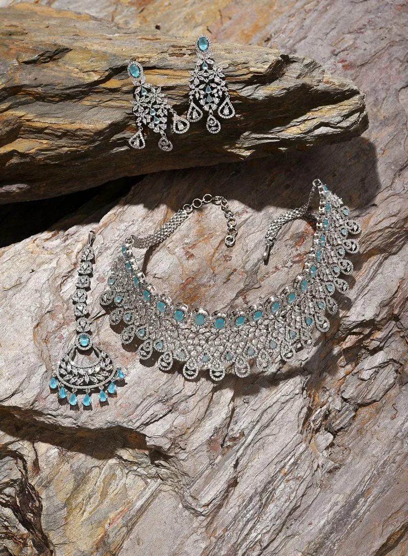 SOHI Silver Plated Designer Stone Necklace, Earrings and Maang Tikka Set