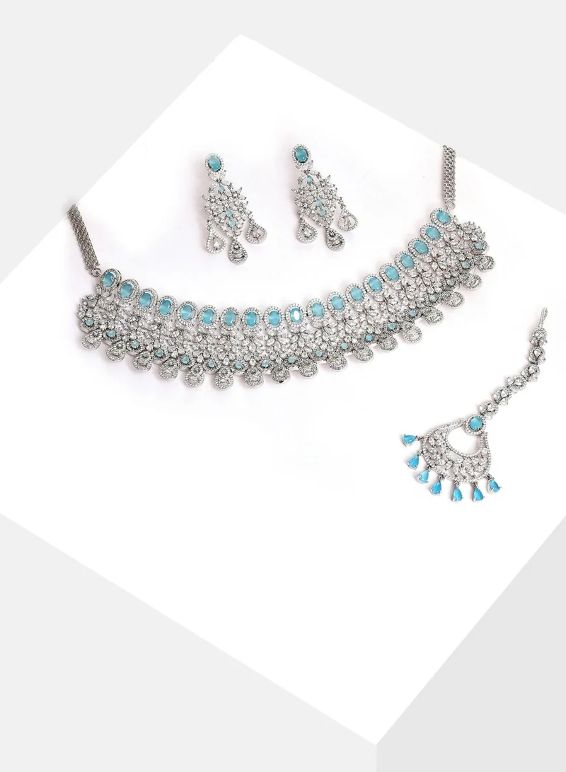 SOHI Silver Plated Designer Stone Necklace, Earrings and Maang Tikka Set