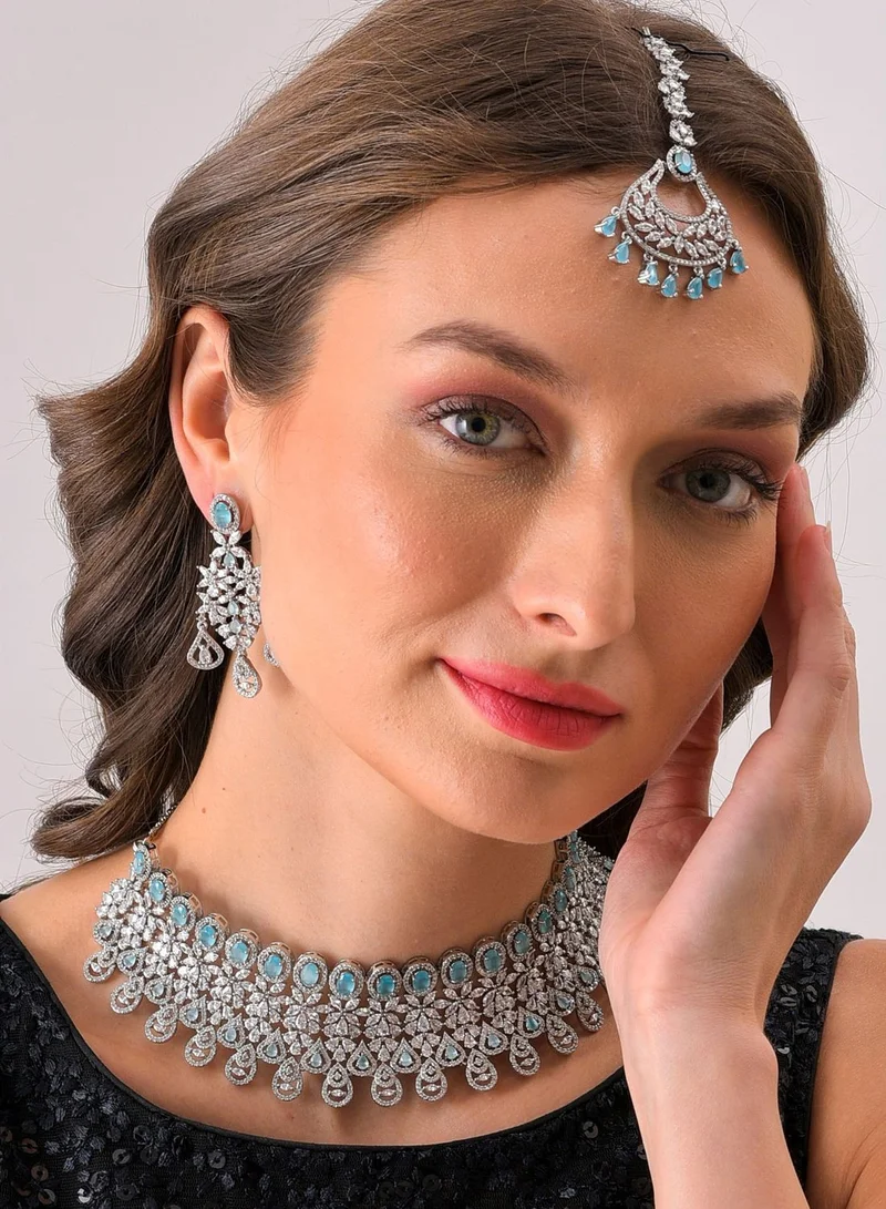 SOHI Silver Plated Designer Stone Necklace, Earrings and Maang Tikka Set