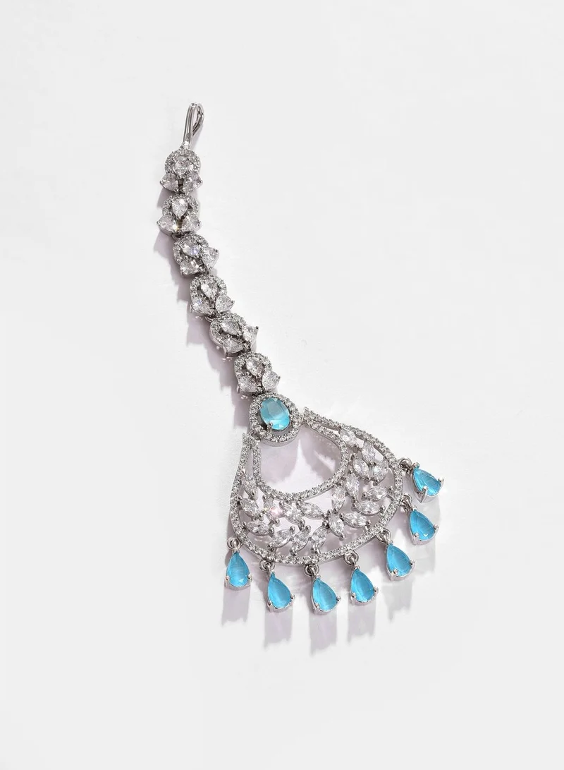 SOHI Silver Plated Designer Stone Necklace, Earrings and Maang Tikka Set
