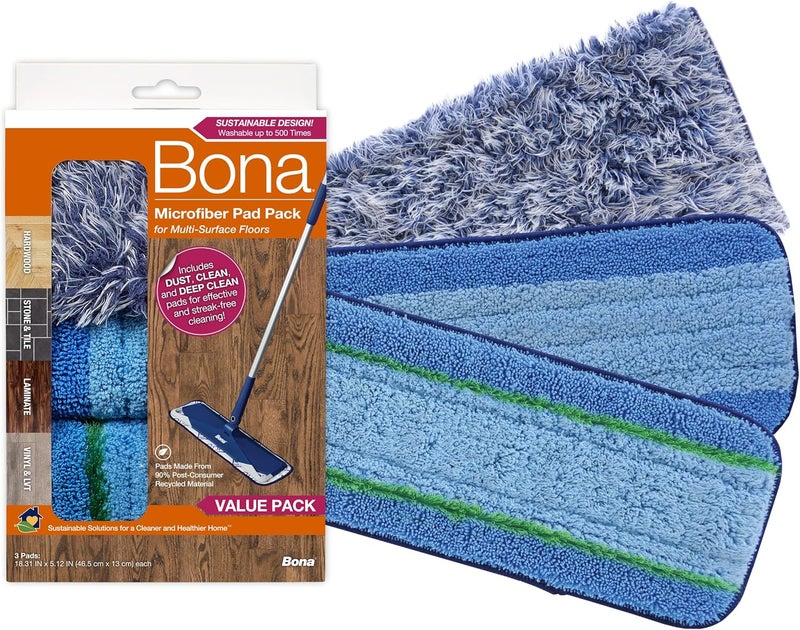 BONA Microfiber Pad 3-Pack includes Dusting, Cleaning, and Deep Cleaning Pad, for Hardwood and Multi-Surface Floors, fits Family of Mops - Image 1