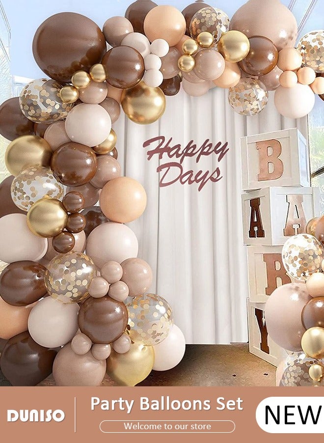 DUNISO 127 PCS Brown Balloon Garland Arch Kit in Different Sizes with Dark Brown, Light Brown, Gold, White, Gold Glitter Balloons for Boho Unisex Birthday Wedding Baby Shower Decorations - Image 1
