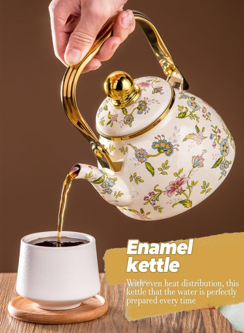 قطعة واحدة من إبريق شاي أبيض غير لامع بسعة 1.2 لتر، إبريق شاي مزين برسومات الزهور والطيور، غلاية مع مصفاة للشاي، إبريق شاي أسود بمقبض ذهبي - Image 2