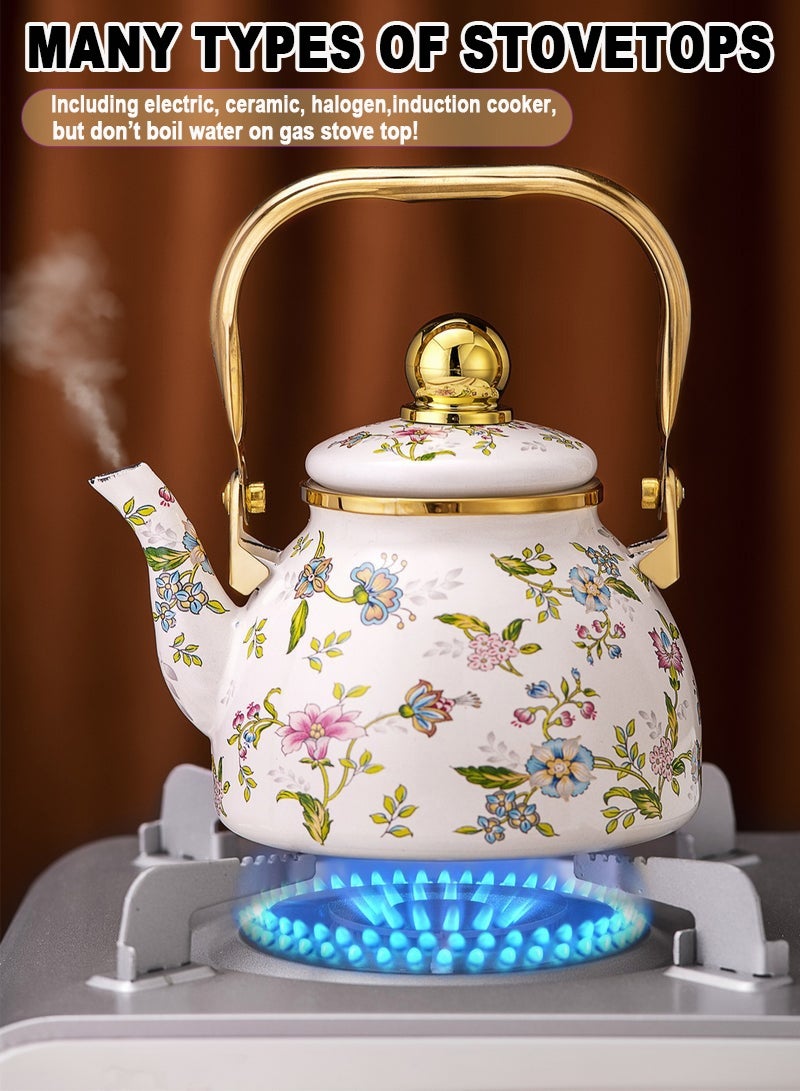 قطعة واحدة من إبريق شاي أبيض غير لامع بسعة 1.2 لتر، إبريق شاي مزين برسومات الزهور والطيور، غلاية مع مصفاة للشاي، إبريق شاي أسود بمقبض ذهبي - Image 3